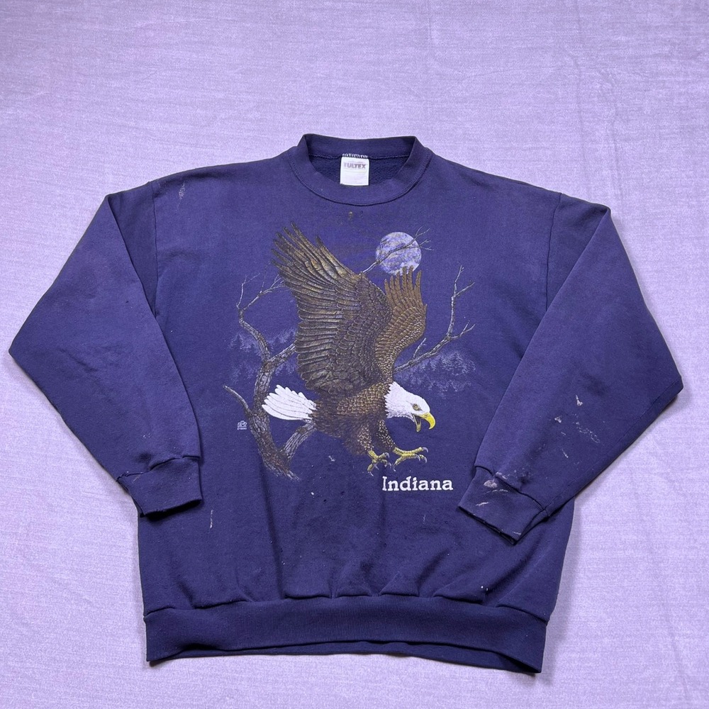 Vintage Tultex‎ Mens Indiana Bald Eagle Graphic Sweatshirt Pullover Navy Blue L